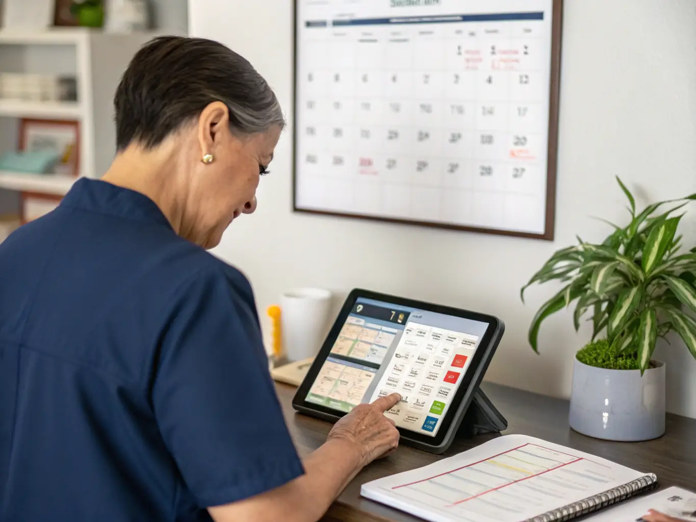 An image depicting a caregiver using a digital calendar to manage appointments and medication schedules, representing the practical tools available on Pflege Chat.
