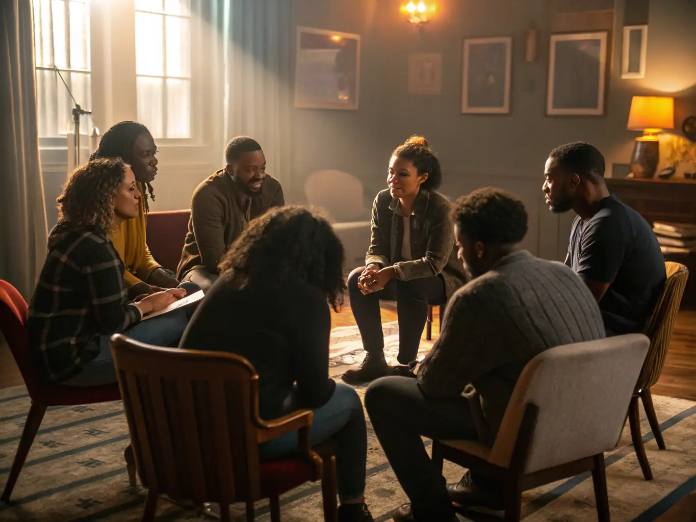 A warm image of a support group meeting, with caregivers sharing experiences and offering encouragement, highlighting the importance of community support.