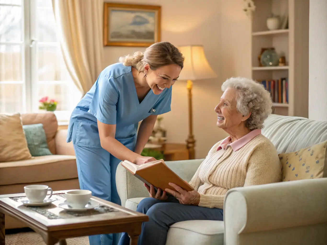 A serene image of a caregiver reading a helpful guide, with a senior smiling in the background, symbolizing the support and knowledge available through Pflege Chat's resources.