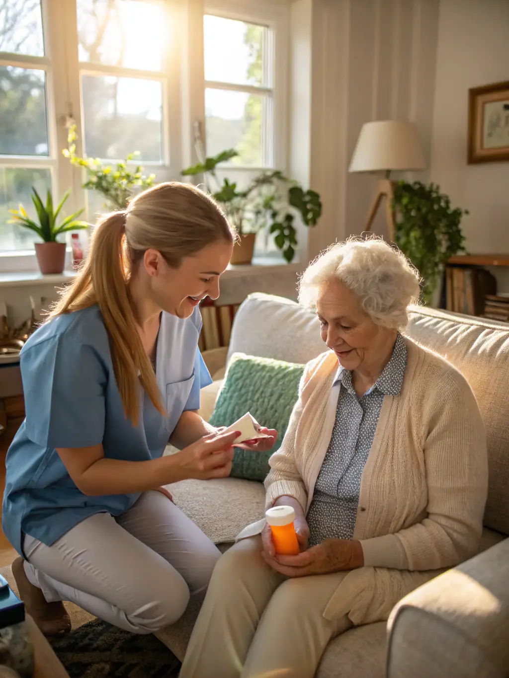 An image of a caregiver assisting an elderly person with medication, emphasizing the importance of proper medication management.