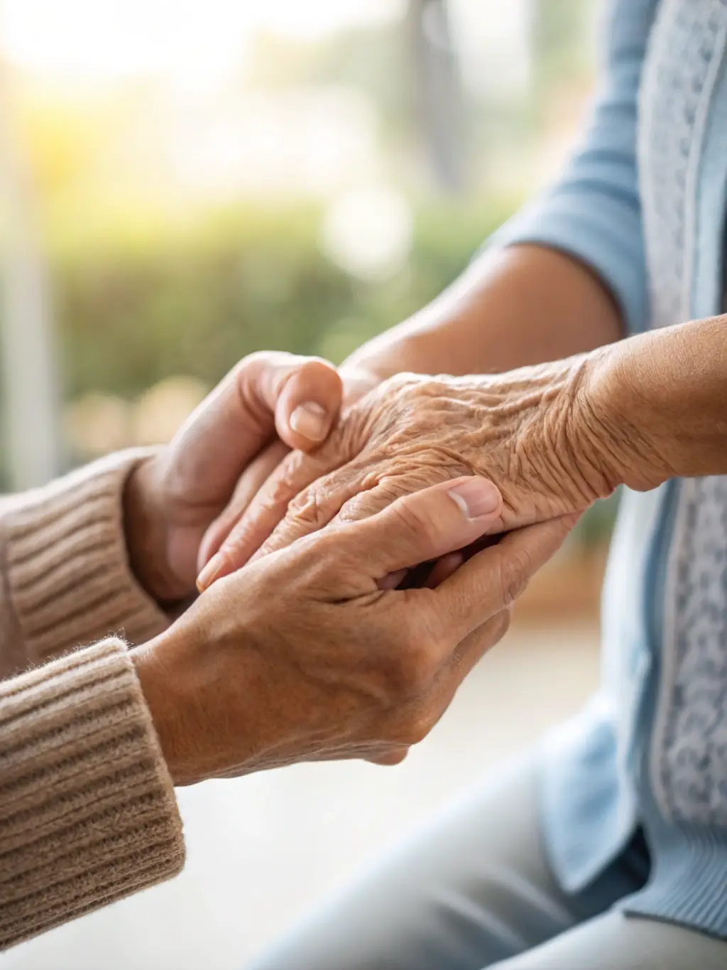 A close-up photo of a hand gently holding the hand of an elderly person, symbolizing compassion and care. The background is blurred to focus on the hands.